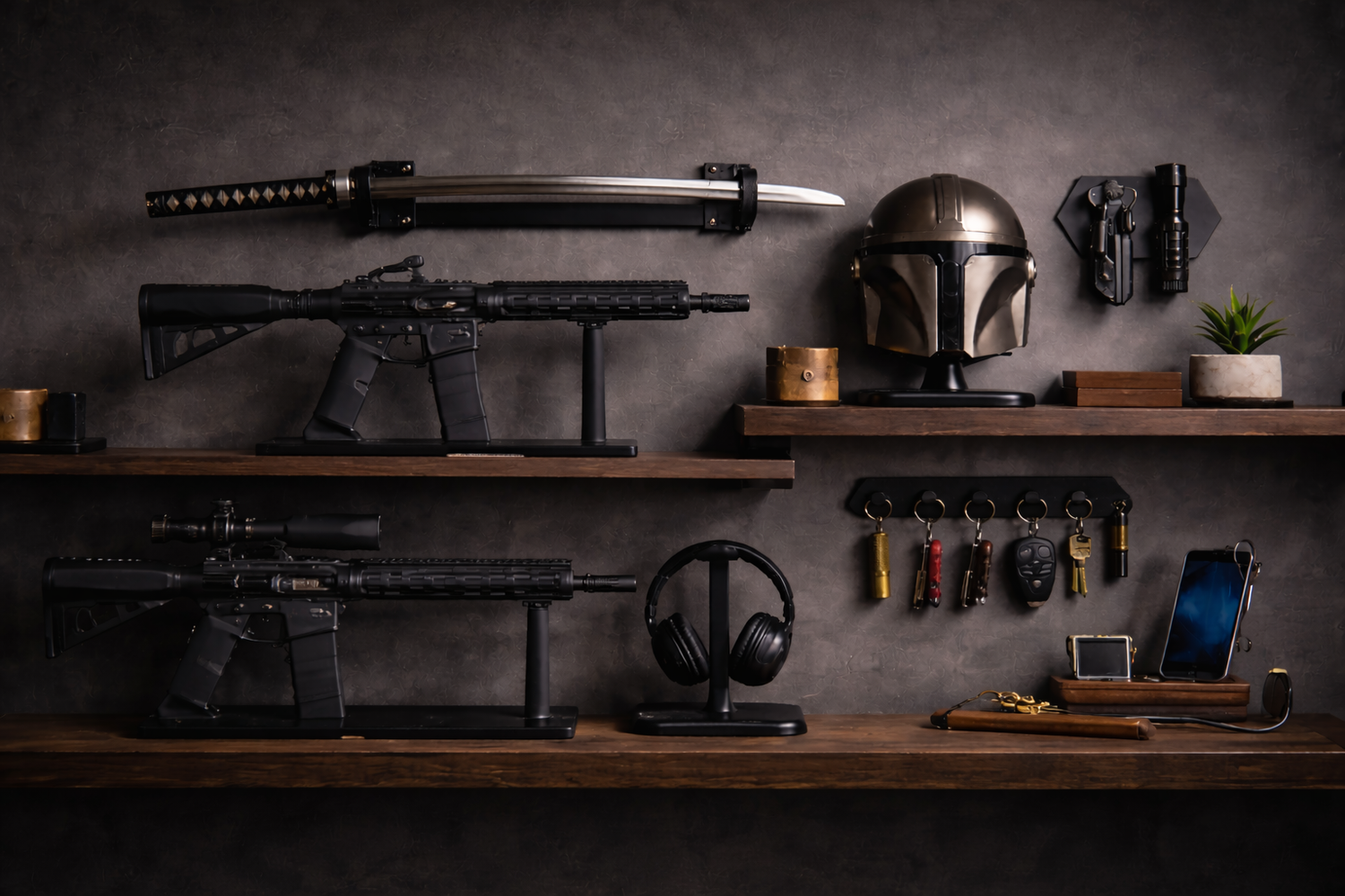 Decorative shelf with weapons, helmet, and other items against a dark background