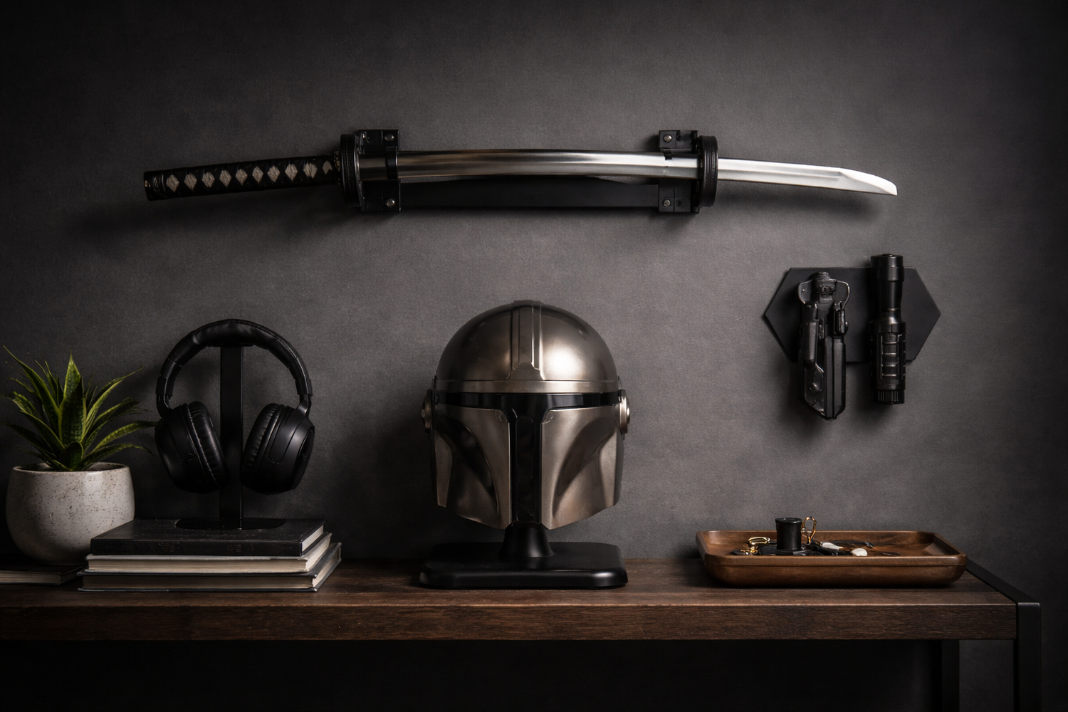 Helmet and sword on a wooden shelf against a dark wall